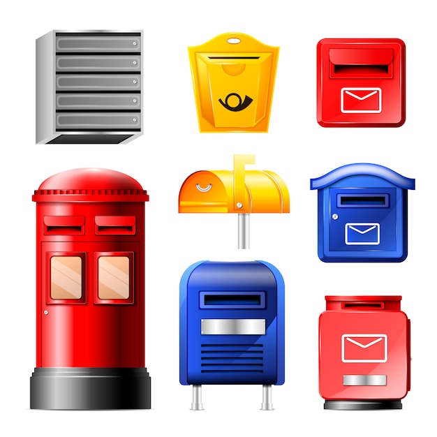 ベクトル 白い背景で隔離の封筒にメールの手紙を配信するためのポストボックスのメールボックスポストメールボックスまたは郵便メーリングレターボックスイラストセット