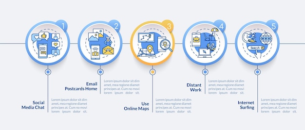 메일 및 채팅 벡터 infographic 템플릿입니다. 인터넷 서핑, 지도 및 작업 프레젠테이션 디자인 요소. 5단계로 데이터 시각화. 프로세스 타임라인 차트. 선형 아이콘이 있는 워크플로 레이아웃