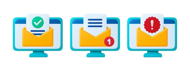 Mail client 3D icons Email on computer screen error message and new letter Office app icon business letters web service vector elements