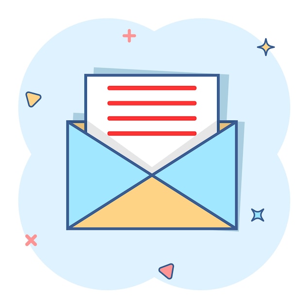 Mail envelope icon in comic style Email message vector cartoon illustration pictogram Mailbox email business concept splash effect