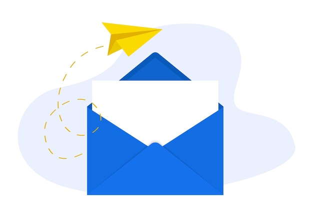 Mail envelope icon. render email notification with letter and paper plane. unfolded envelope mockup