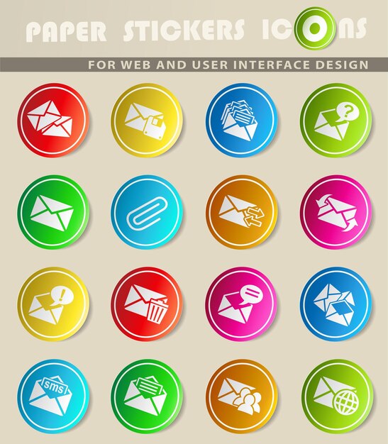 Mail and envelope vector icons on colored paper stickers