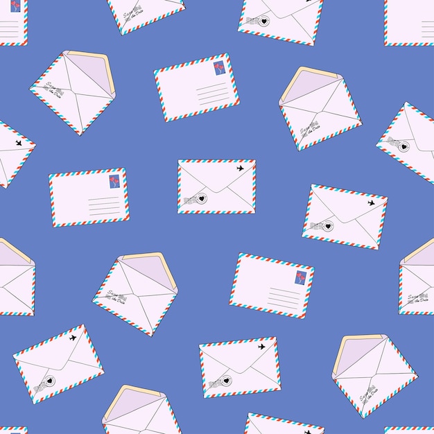 Mail envelopes postcards and mails seamless pattern on blue background