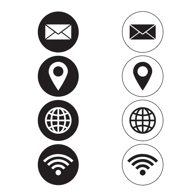 Mail geolocation world and wi fi icons in black and white on a a white background