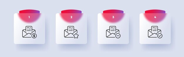 mail management set icon letter envelope message dollar minus tick star mark as important approve remove communication concept glassmorphism vector line icon for business and advertising