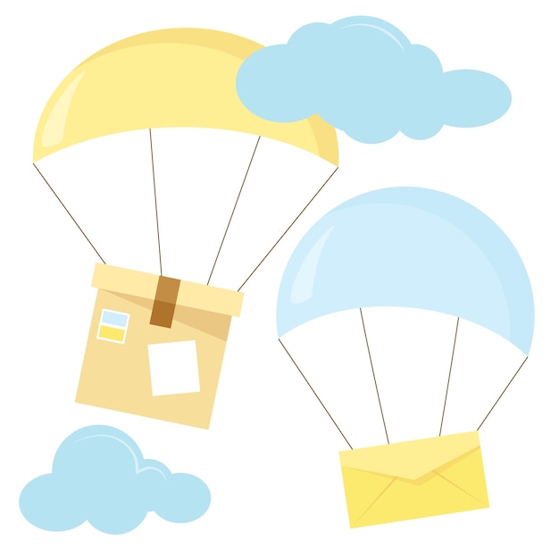 A mail parcel on a parachute flies in the sky