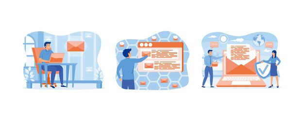 ベクトル メールサービスのコンセプト ブラウザ画面でメールボックスをチェックするメールサービス メールメッセージ メール通知の送信 フラットベクトルを設定 現代的なイラスト