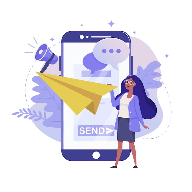 Mail Service and Mobile Notification flat illustration. Chatting and Online Communication color design. Smartphone and Woman Throw Paper Plane colorful metaphor, isolated on white background.