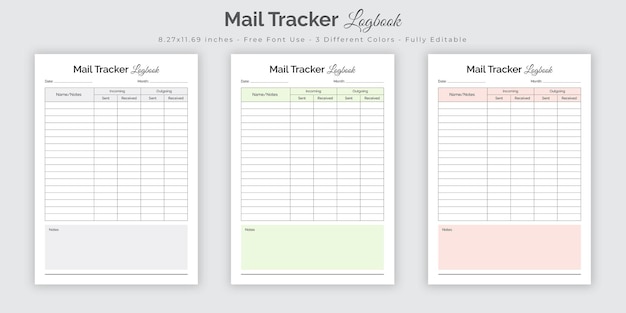 벡터 메일 트래커 로그북 및 메일 수신 및 발신 트래커 노트북 플래너 저널 인테리어 디자인
