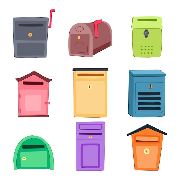 почтовый ящик почтовый набор мультфильм почта бумага почтовый электронный ящик отправить почтовый ящик почтовый знак изолированный символ векторная иллюстрация