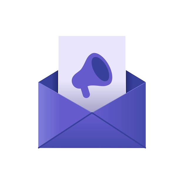 Vettore mailing pubblicità 3d e-mail busta viola con file allegato con il simbolo del megafono