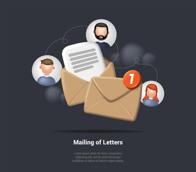 Vector mailing of brievenconcept open mail enveloppictogram met markering nieuw bericht render e-mailmelding met document vinkje papier en mensen avatar 3d rendering realistische vectorillustratie