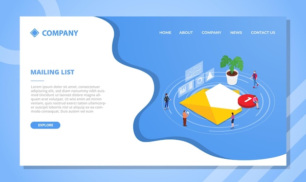 Mailinglijst concept. websitesjabloon of startpagina-ontwerp met isometrische stijl