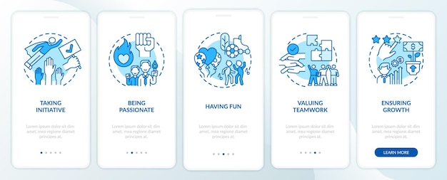 Main company core values onboarding mobile app page screen with concepts