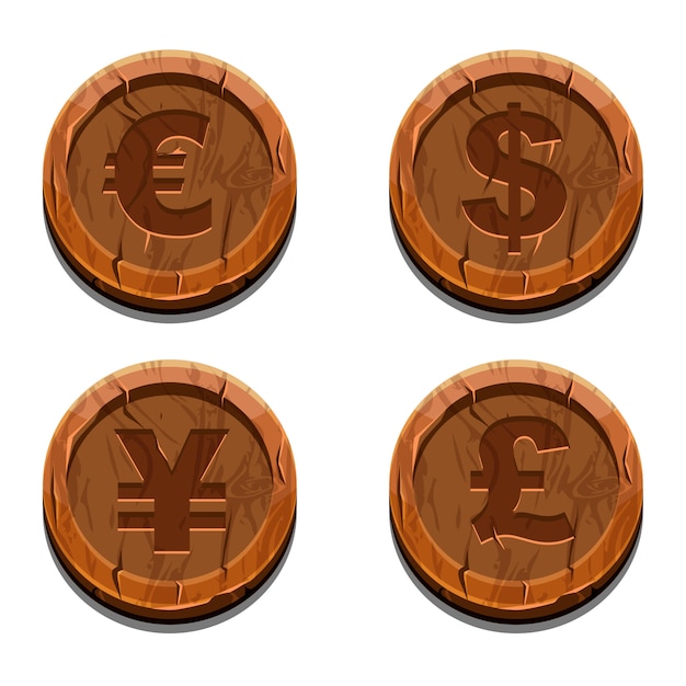 主な通貨記号、木製のコイン。ユーロ、ドル、円、ポンド