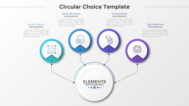 Main paper white circle connected to 4 round elements with linear symbols inside and text boxes by lines. four circular options to choose. modern infographic design template. vector illustration.