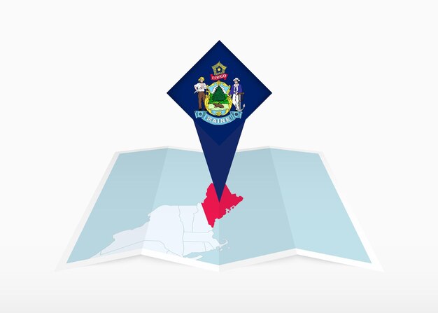 Maine is depicted on a folded paper map and pinned location marker with flag of Maine