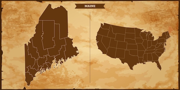 maine state map united states of america map with federal states in vintage map background