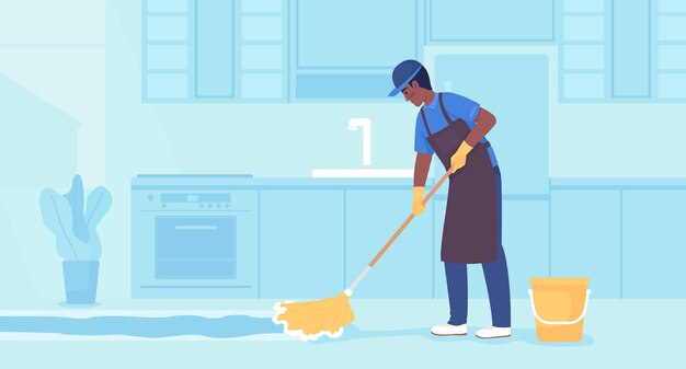 Maintaining commercial kitchen flooring flat color vector illustration