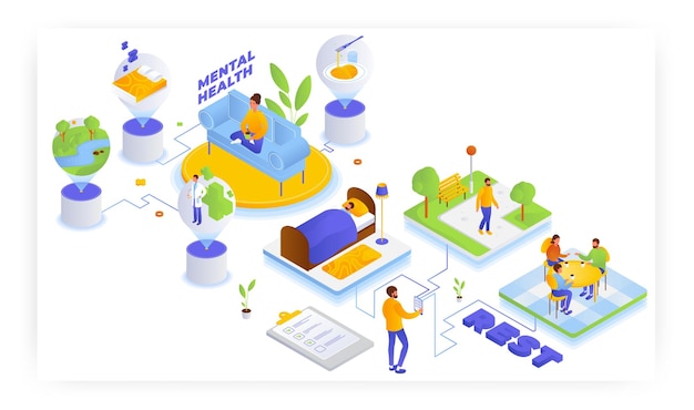 Поддержание физического и психического здоровья векторная изометрическая иллюстрация хороший отдых сон прогулка на свежем воздухе v