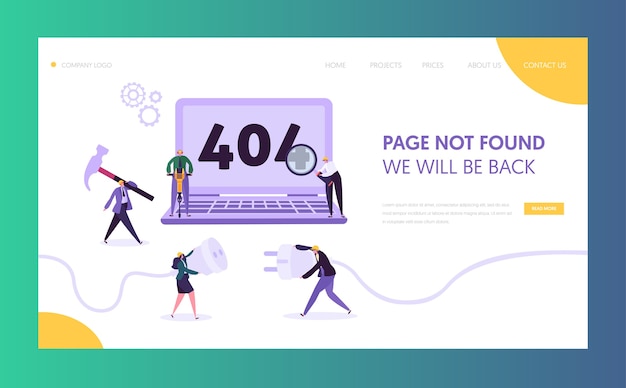 Vector maintenance error landing page template. page not found under construction concept with characters workers fixing internet problem for website.