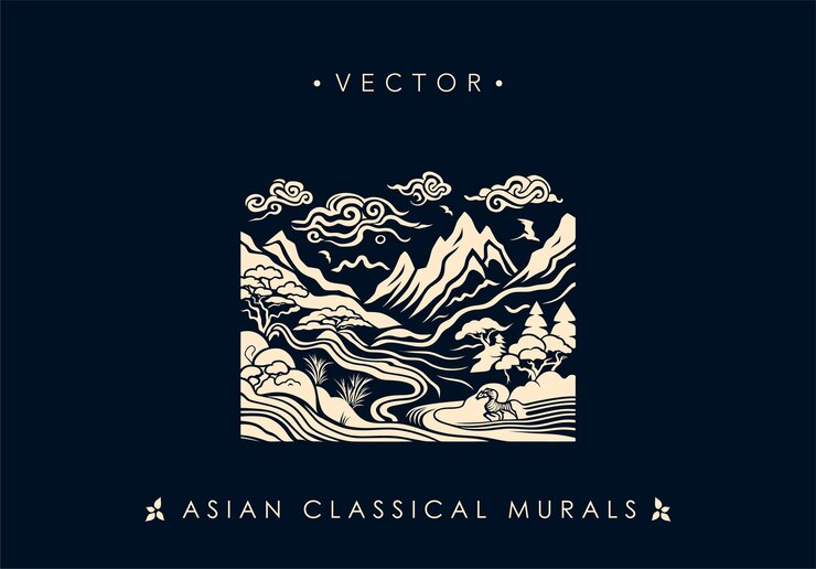 Majestic Asian Mountain Landscape Mural Vector