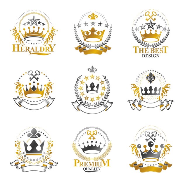 Набор эмблем Majestic Crowns. Декоративные логотипы геральдического герба изолировали коллекцию векторных иллюстраций.