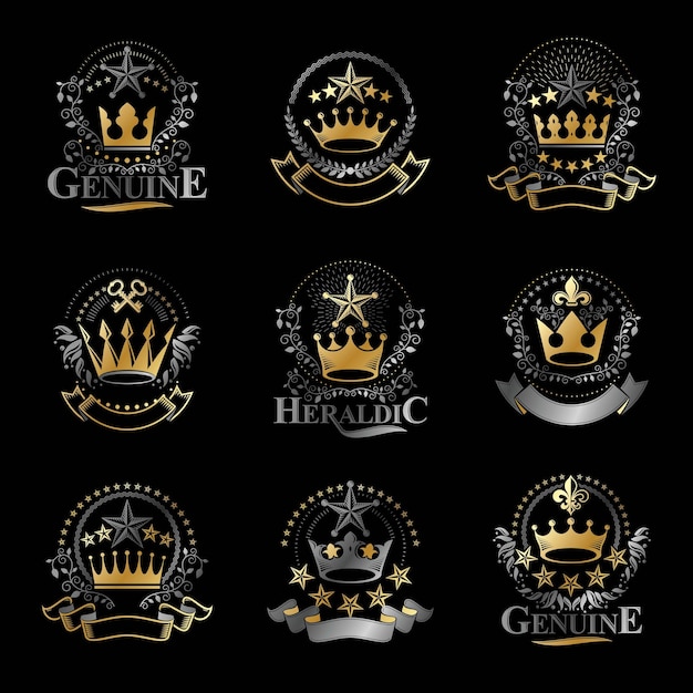 Vector majestic crowns emblems set. heraldic coat of arms decorative logos isolated vector illustrations collection.