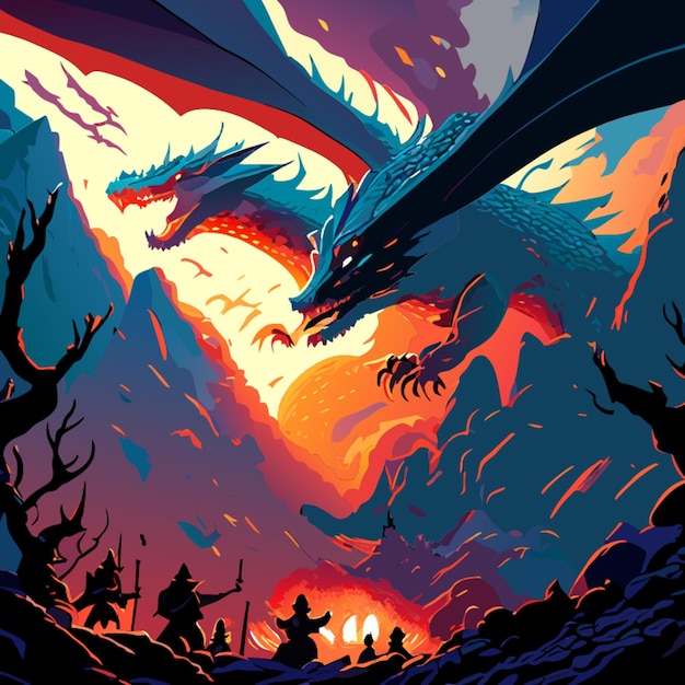 Vector a majestic dragon emerging from the night in battle overlooking the glaring enemy army illuminated