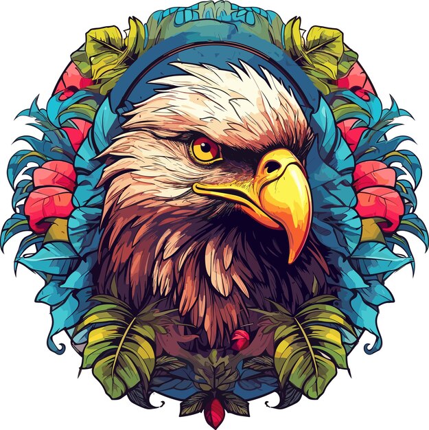 Majestic Eagle Circle Tshirt Artistic Fusion of Detailed Botanical Illustrations and Exotic 2D Gam