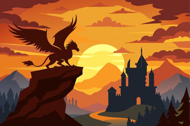 Vector majestic griffin silhouette perched atop an ancient castle tower