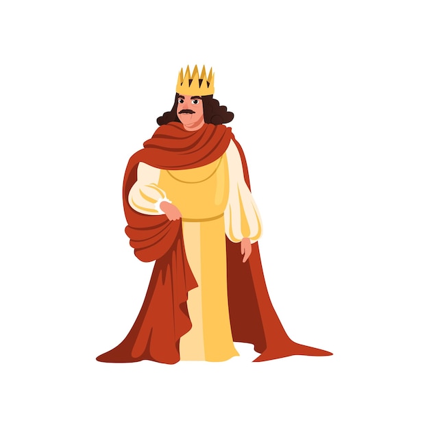 Majestic king in golden crown and red mantle european medieval character vector illustration on a