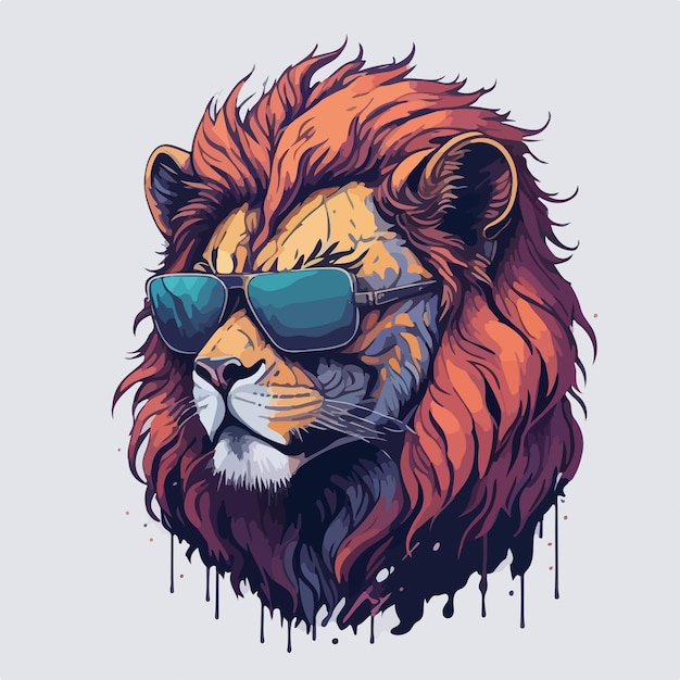 A majestic lion exuding pride dons stylish sunglasses against a colorful backdrop