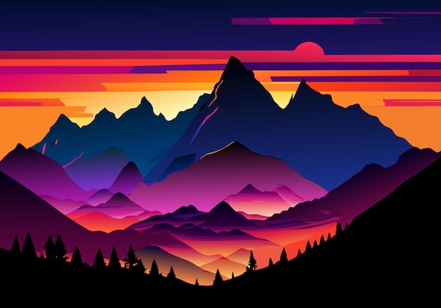 majestic mountains cast silhouette against vibrant sunset