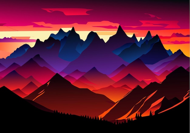 雄大な山々が鮮やかな夕日を背景にシルエットを映し出す