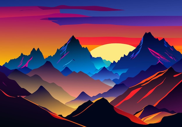 majestic mountains cast silhouette against vibrant sunset