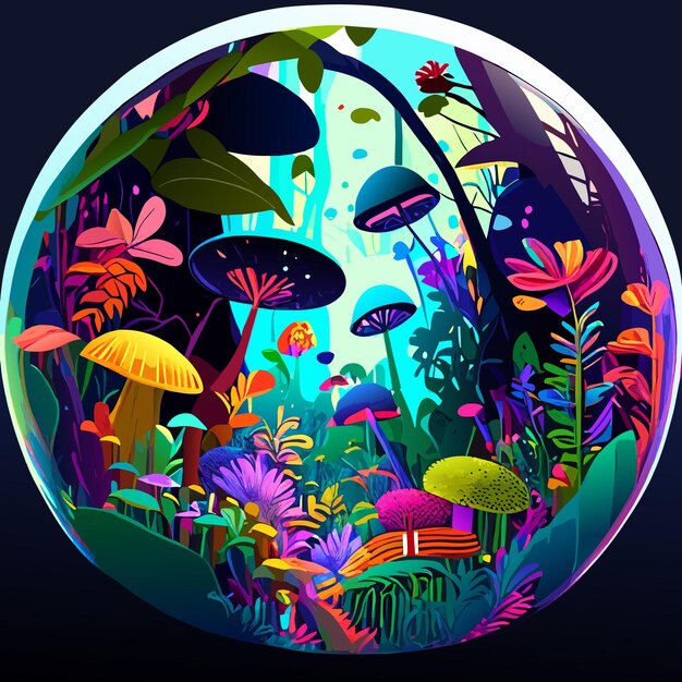 Vector the majestic mushroom jungle inside a jar abundant with vibrant flowers and teeming