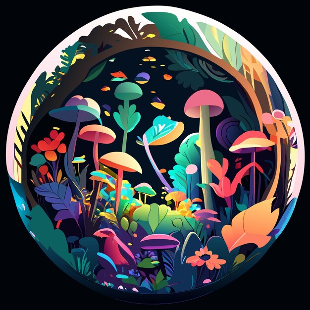 The majestic mushroom jungle inside a jar abundant with vibrant flowers and teeming