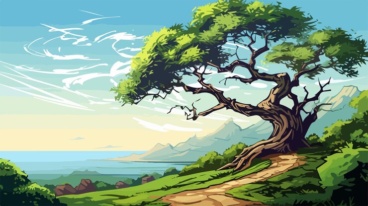 Vector majestic old tree with curved branch in sunlight