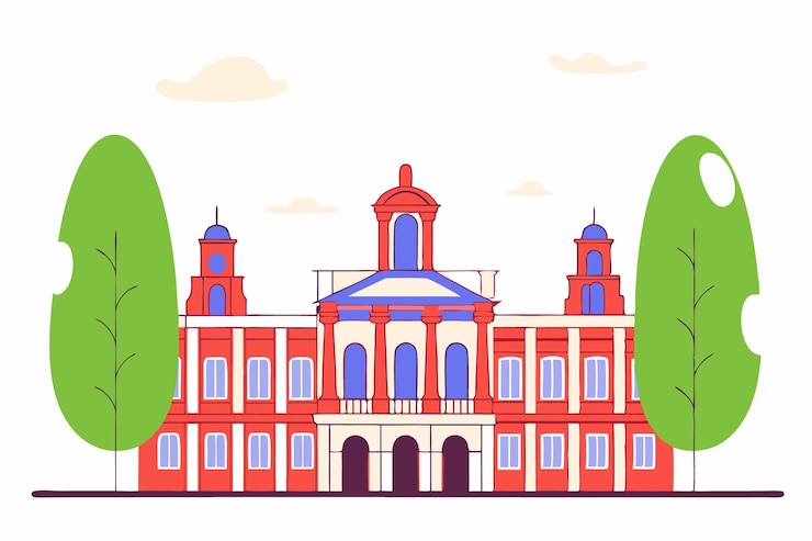 Vector majestic red building peaceful green trees tranquil scene