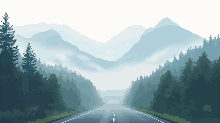 Vector majestic road in scottish highlands vanishing into mist