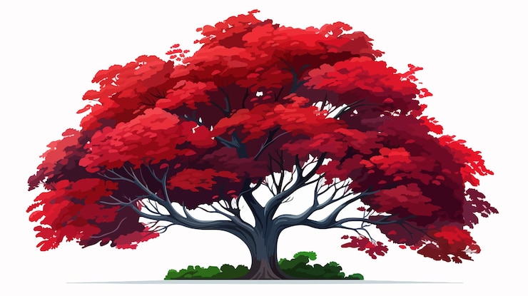 Vector majestic tree with vibrant red bushes on white background