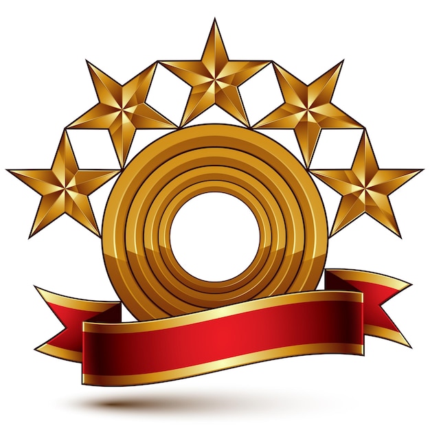 Вектор Величественное векторное золотое кольцо на белом фоне, 3d полирует пять золотых звезд. геральдический фирменный символ с праздничной красной лентой. объемные глянцевые декоративные звезды, элегантный фигурный герб. эп