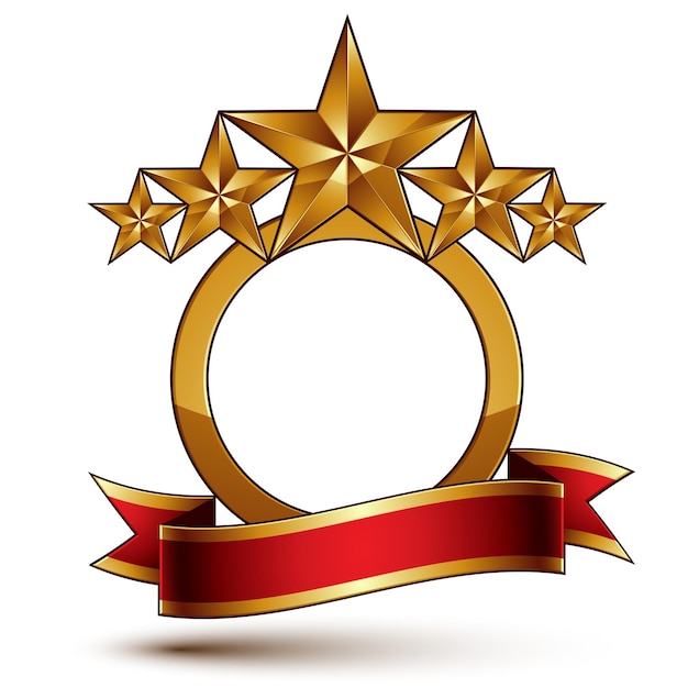 Величественное векторное золотое кольцо на белом фоне, 3d полирует пять золотых звезд. геральдический фирменный символ с праздничной красной лентой. объемные глянцевые декоративные звезды, элегантный фигурный герб. эп