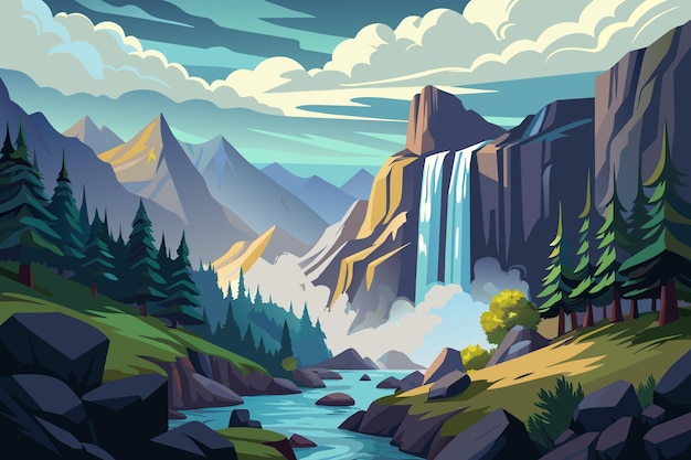 Vector a majestic waterfall cascading down a mountainside