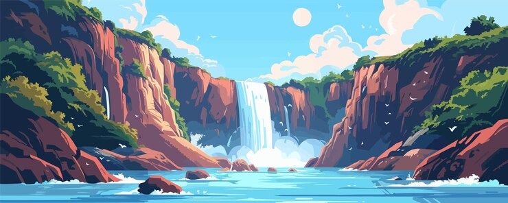 Вектор величественный водопад, спускающийся с скалистых скал векторная плоская минималистическая изолированная иллюстрация