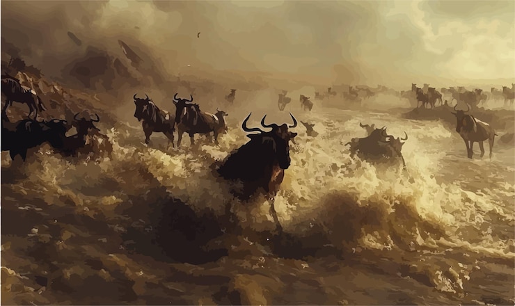 Vector majestic wildebeest crossing the river