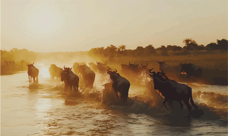 Vector majestic wildebeest crossing the river