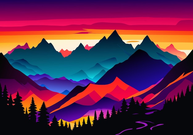 majestueuze bergen werpen een silhouet af tegen de levendige zonsondergang
