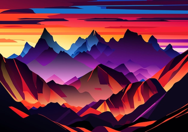 majestueuze bergen werpen een silhouet af tegen de levendige zonsondergang